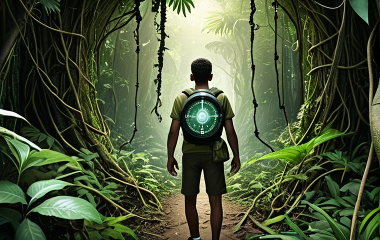 **
A person navigating a dense jungle of information (news articles, social media posts, advertisements) with a compass labeled "Critical Thinking." Overgrown vines are labeled "Misinformation" and "Manipulation." The person appears confident and discerning, able to distinguish a clear path. Bright, focused lighting on the path, darker and more chaotic in the surrounding jungle. Style: Realistic, slightly stylized like a book illustration.
**