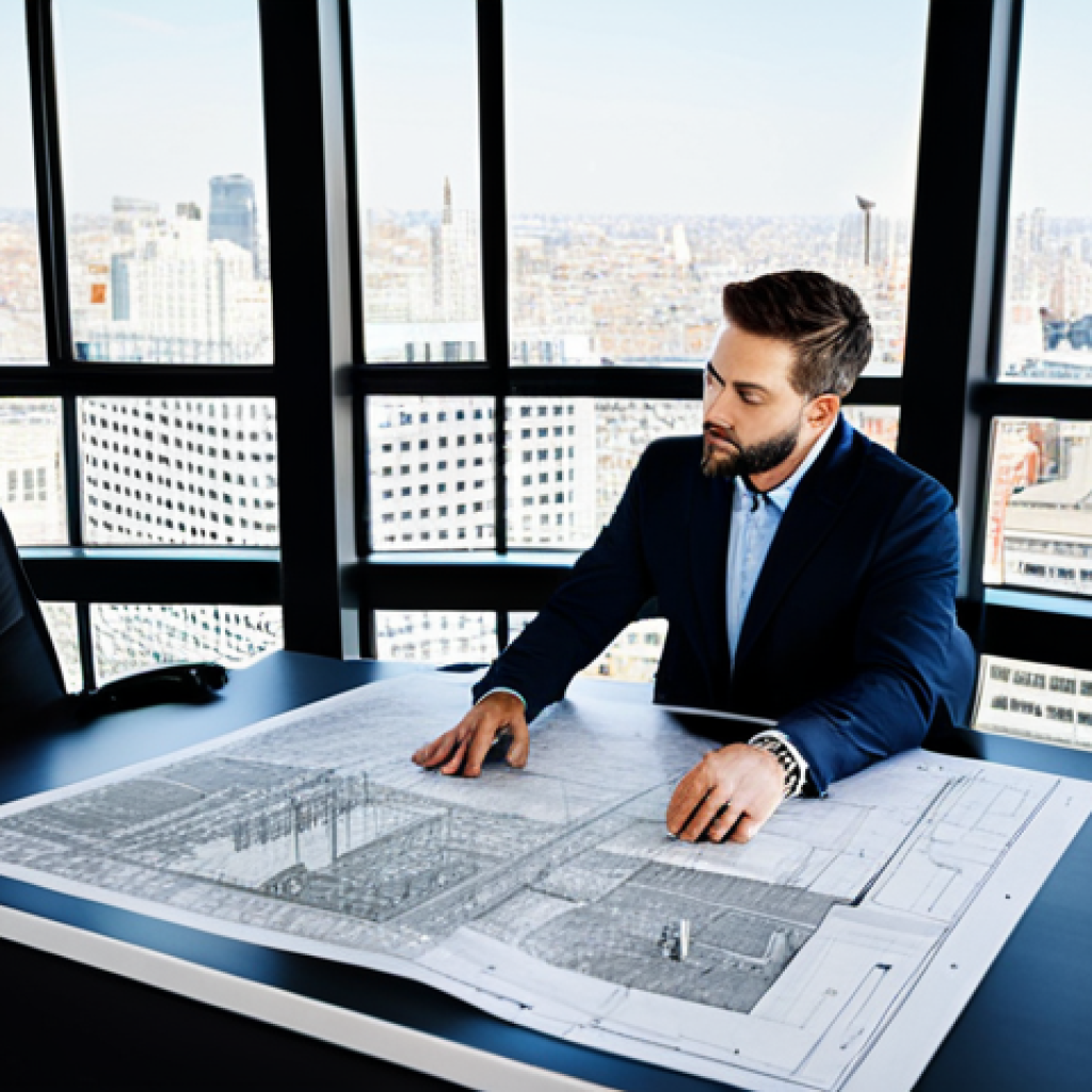 **

A professional architect in a modern office, reviewing blueprints at a large desk, wearing a fully clothed, modest business attire, safe for work, appropriate content, perfect anatomy, natural proportions, professional photography, high quality, well-formed hands, proper finger count. The office should feature large windows overlooking a cityscape. family-friendly.

**